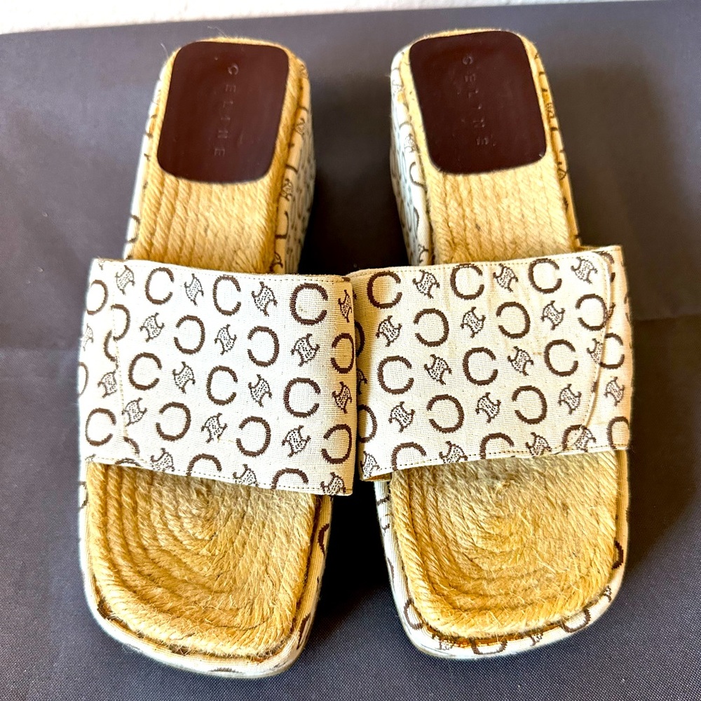 Vintage Celine logo slide rope insole 3 inch heel 2 inch platform